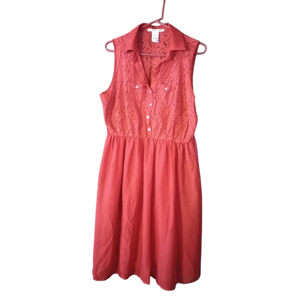 American Rag Dresses & Skirts - American Rag Red Eyelet Mix Fabric Shirt Dress Country Cottagecore Cowgirl 1X